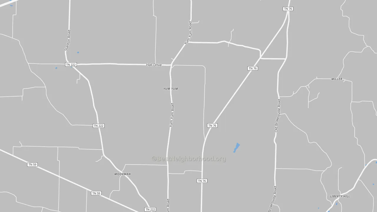 Walk Grade map of Yum Yum, TN, walkable areas in green and car-dependent areas in red