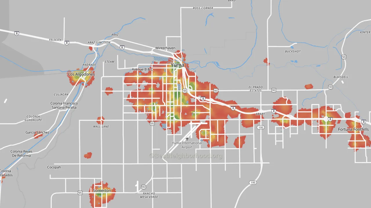 Walk Grade map of Yuma, AZ, walkable areas in green and car-dependent areas in red