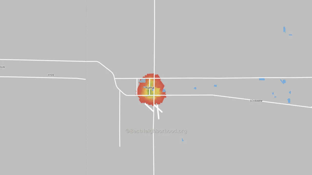 Walk Grade map of Yuma, CO, walkable areas in green and car-dependent areas in red