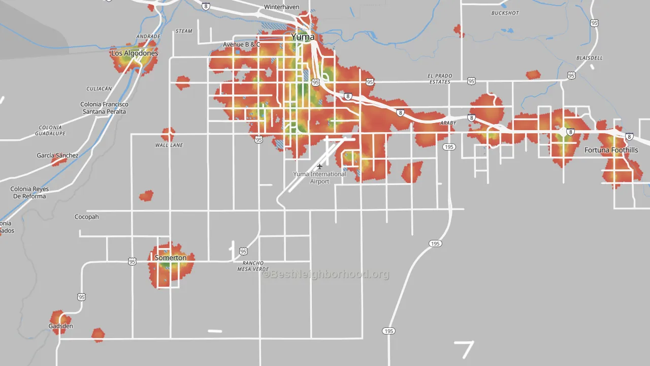Walk Grade map of Yuma County, AZ, walkable areas in green and car-dependent areas in red