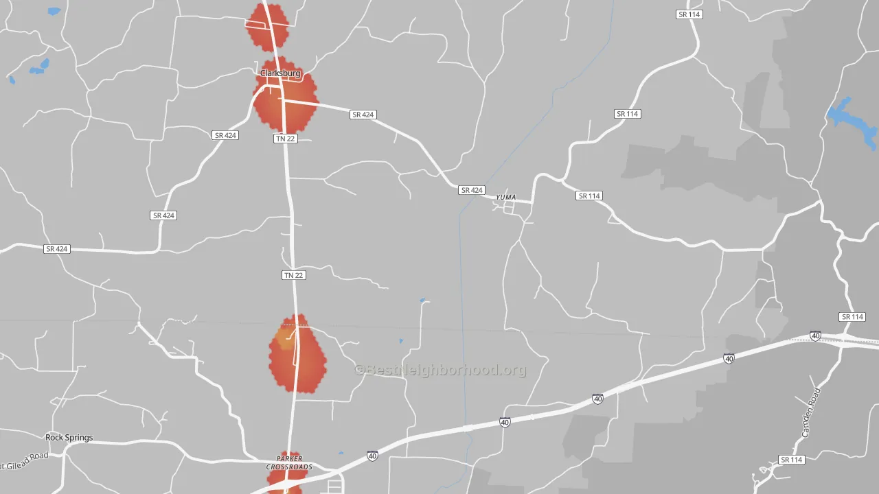 Walk Grade map of Yuma, TN, walkable areas in green and car-dependent areas in red