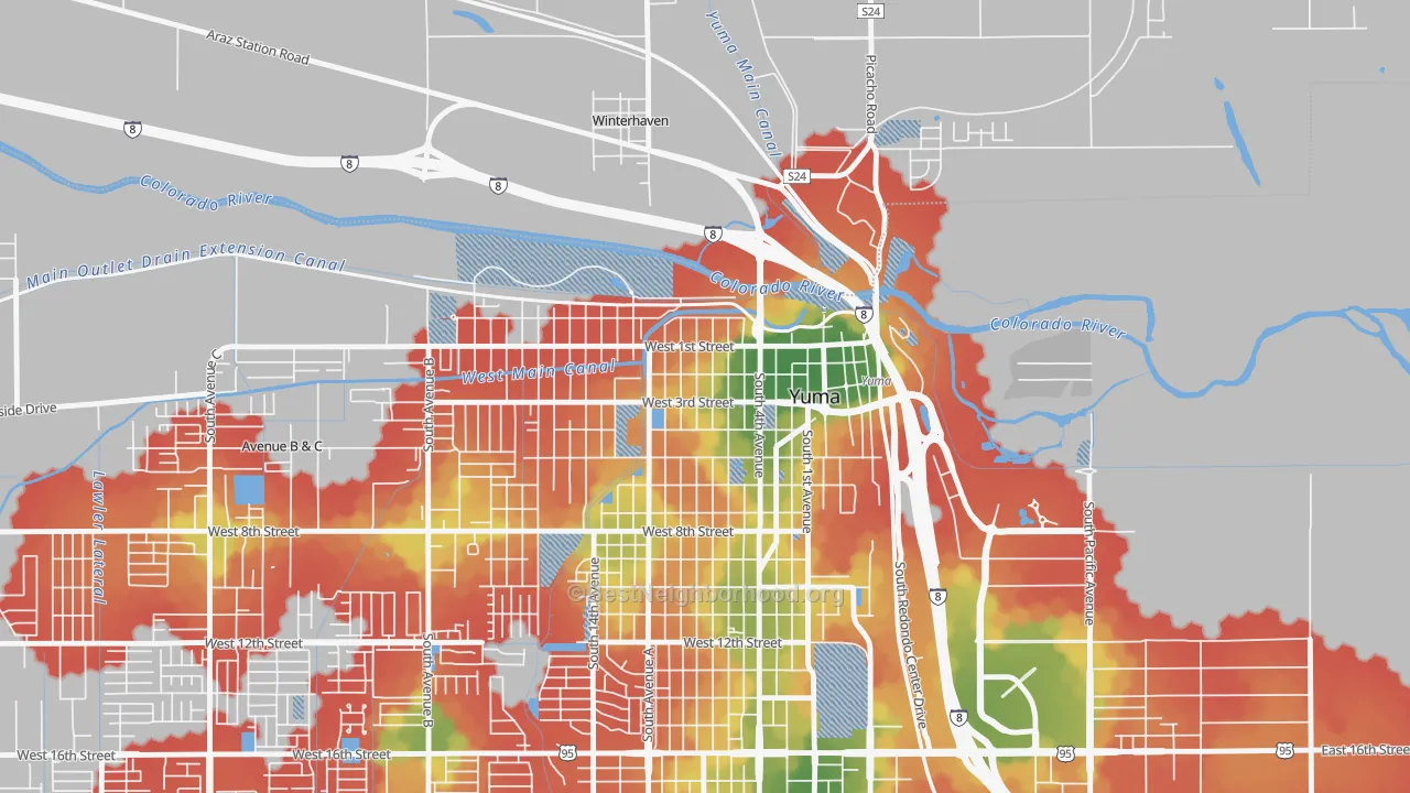 Walk Grade map of Yuma Townsite, Yuma, AZ, walkable areas in green and car-dependent areas in red
