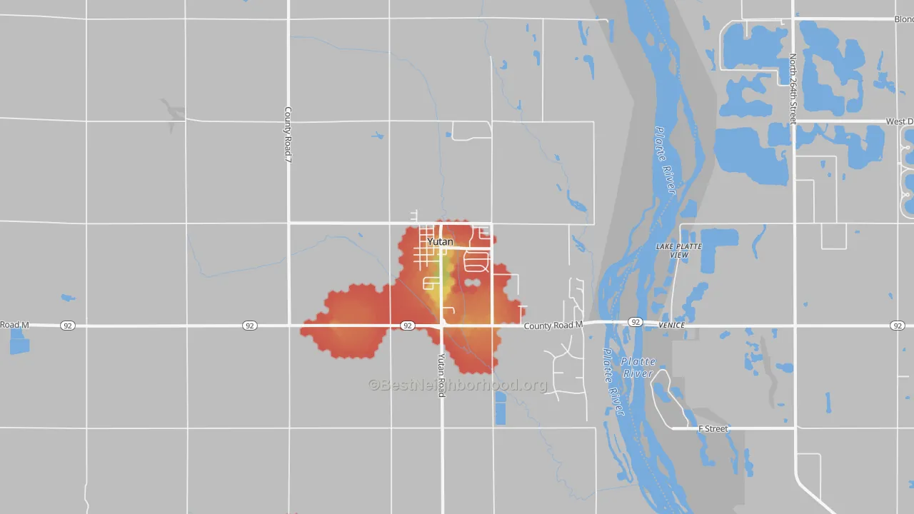 Walk Grade map of Yutan, NE, walkable areas in green and car-dependent areas in red