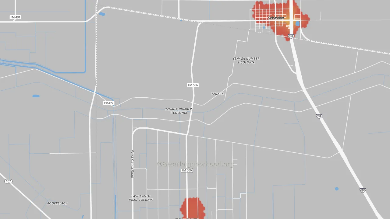 Walk Grade map of Yznaga, TX, walkable areas in green and car-dependent areas in red