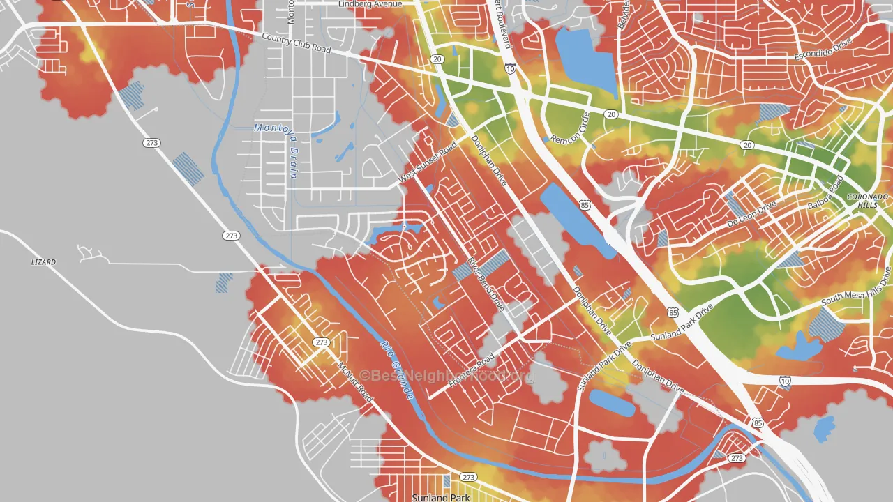 Walk Grade map of Zach White, El Paso, TX, walkable areas in green and car-dependent areas in red
