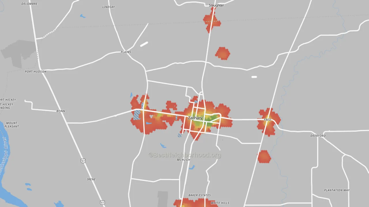 Walk Grade map of Zachary, LA, walkable areas in green and car-dependent areas in red