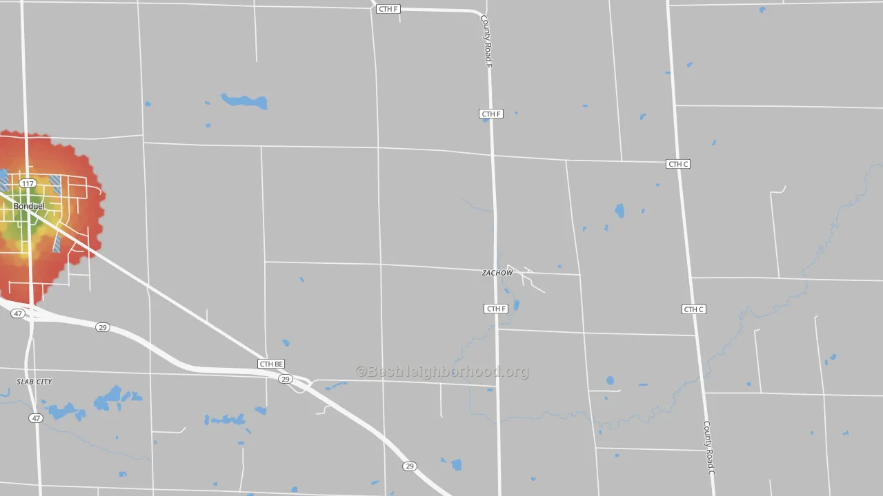 Walk Grade map of Zachow, WI, walkable areas in green and car-dependent areas in red