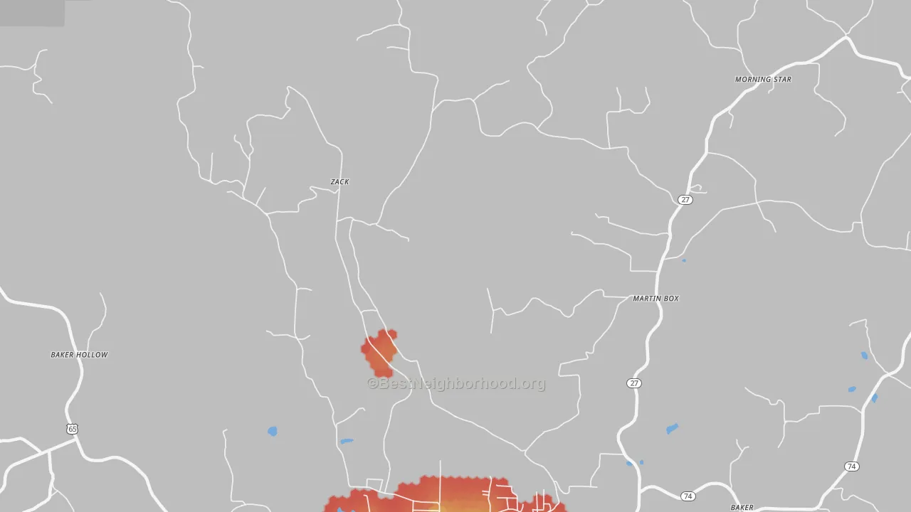 Walk Grade map of Zack, AR, walkable areas in green and car-dependent areas in red