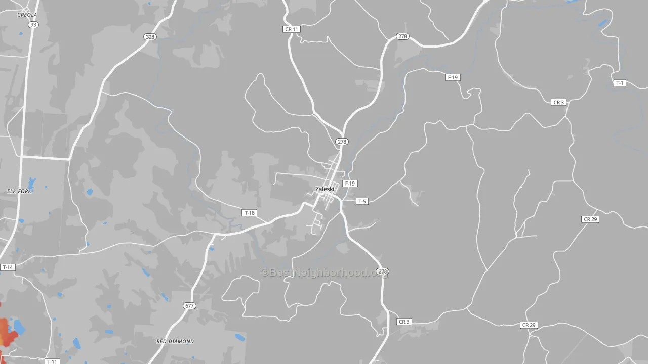 Walk Grade map of Zaleski, OH, walkable areas in green and car-dependent areas in red