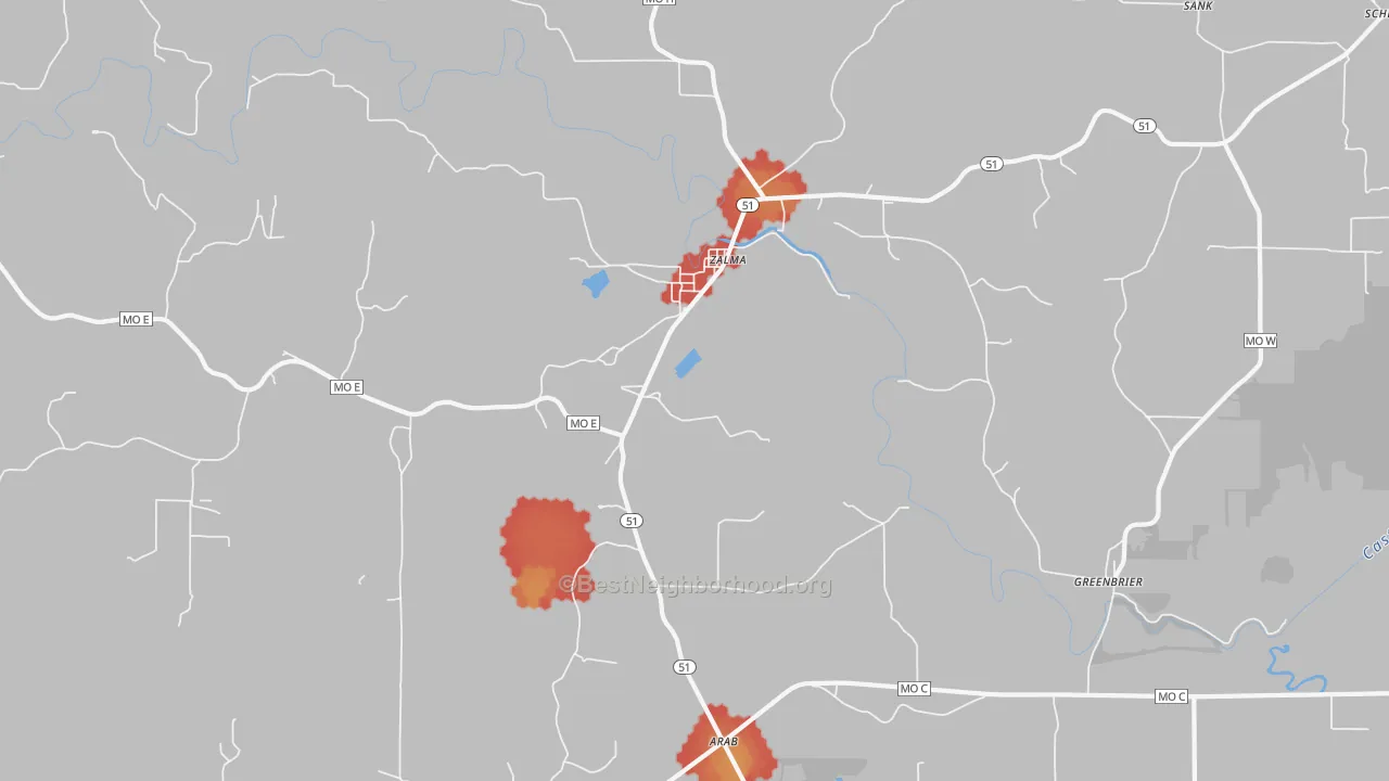 Walk Grade map of Zalma, MO, walkable areas in green and car-dependent areas in red