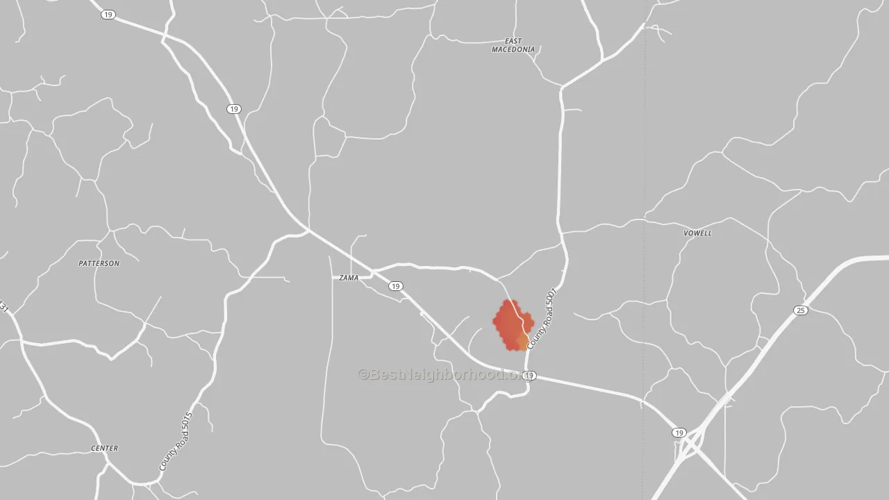 Walk Grade map of Zama, MS, walkable areas in green and car-dependent areas in red