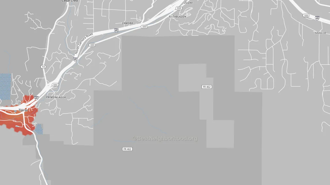 Walk Grade map of Zamora, NM, walkable areas in green and car-dependent areas in red