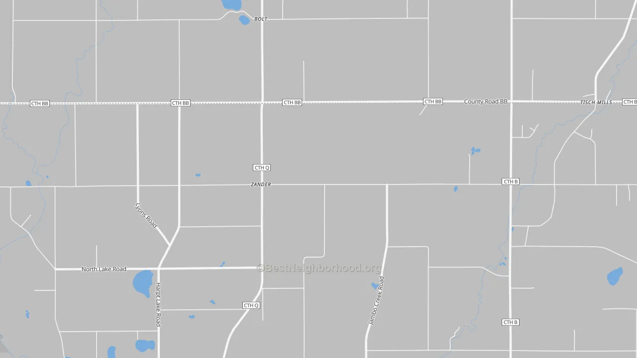 Walk Grade map of Zander, WI, walkable areas in green and car-dependent areas in red