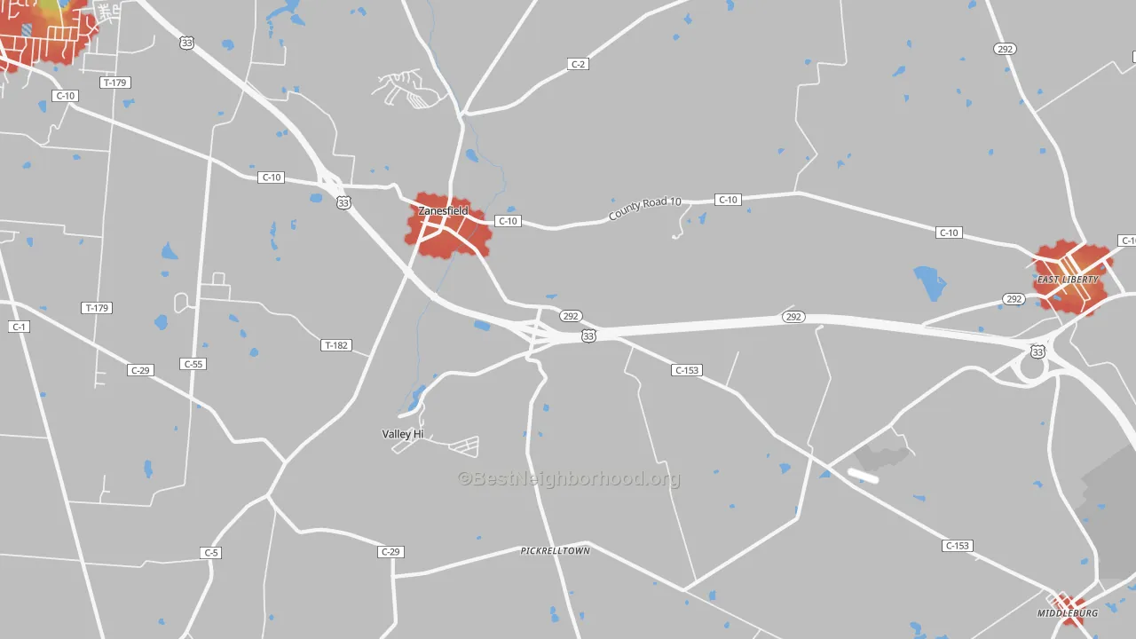 Walk Grade map of Zanesfield, OH, walkable areas in green and car-dependent areas in red