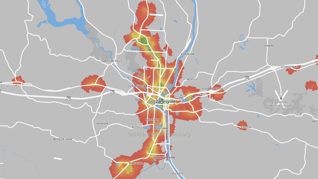 Walk Grade map of Zanesville, OH, walkable areas in green and car-dependent areas in red