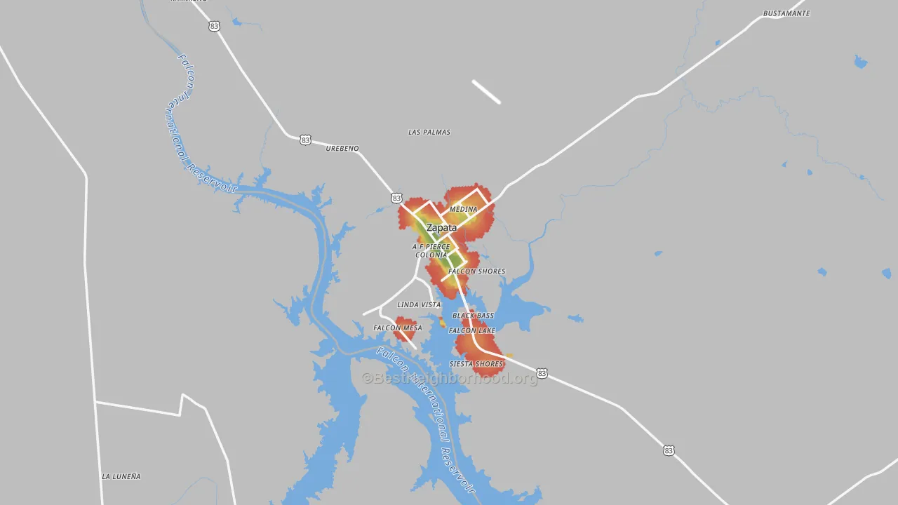 Walk Grade map of Zapata County, TX, walkable areas in green and car-dependent areas in red