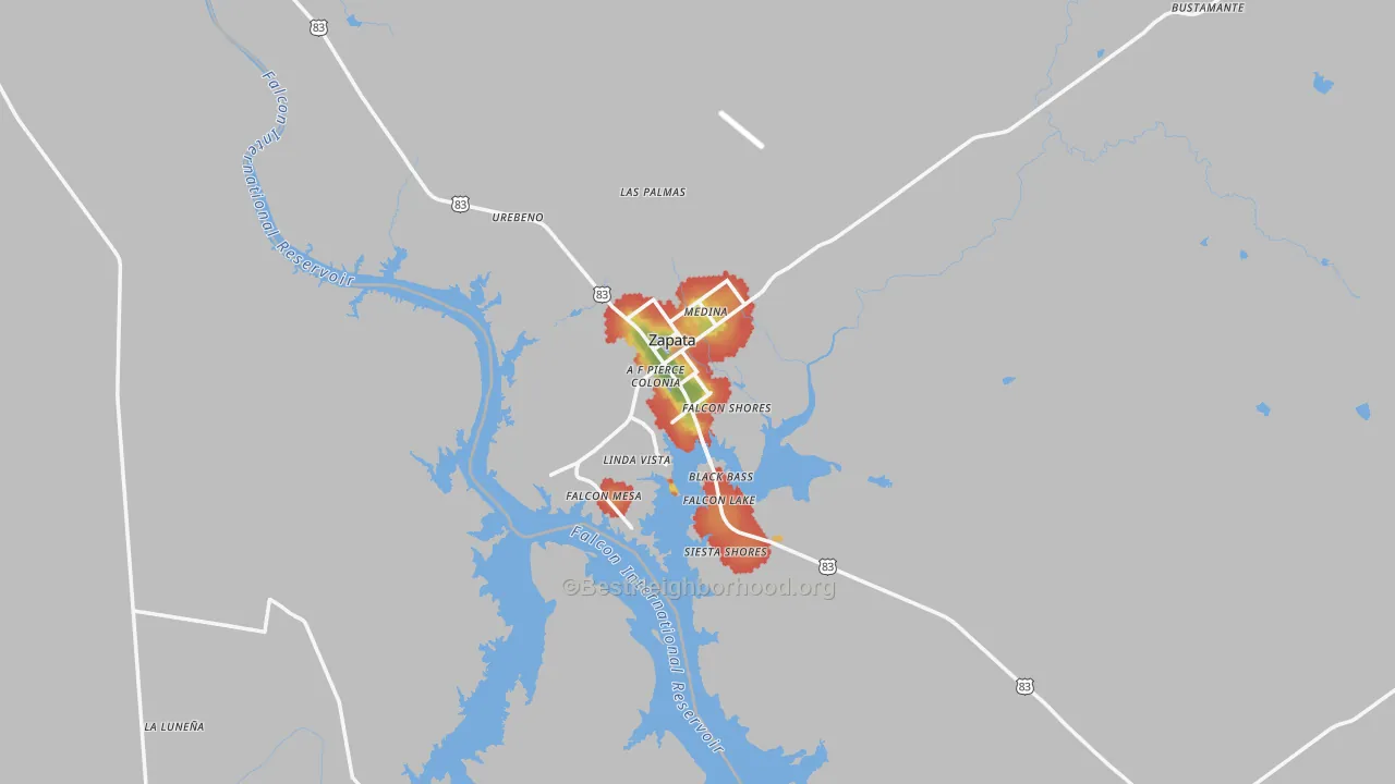 Walk Grade map of Zapata, TX, walkable areas in green and car-dependent areas in red
