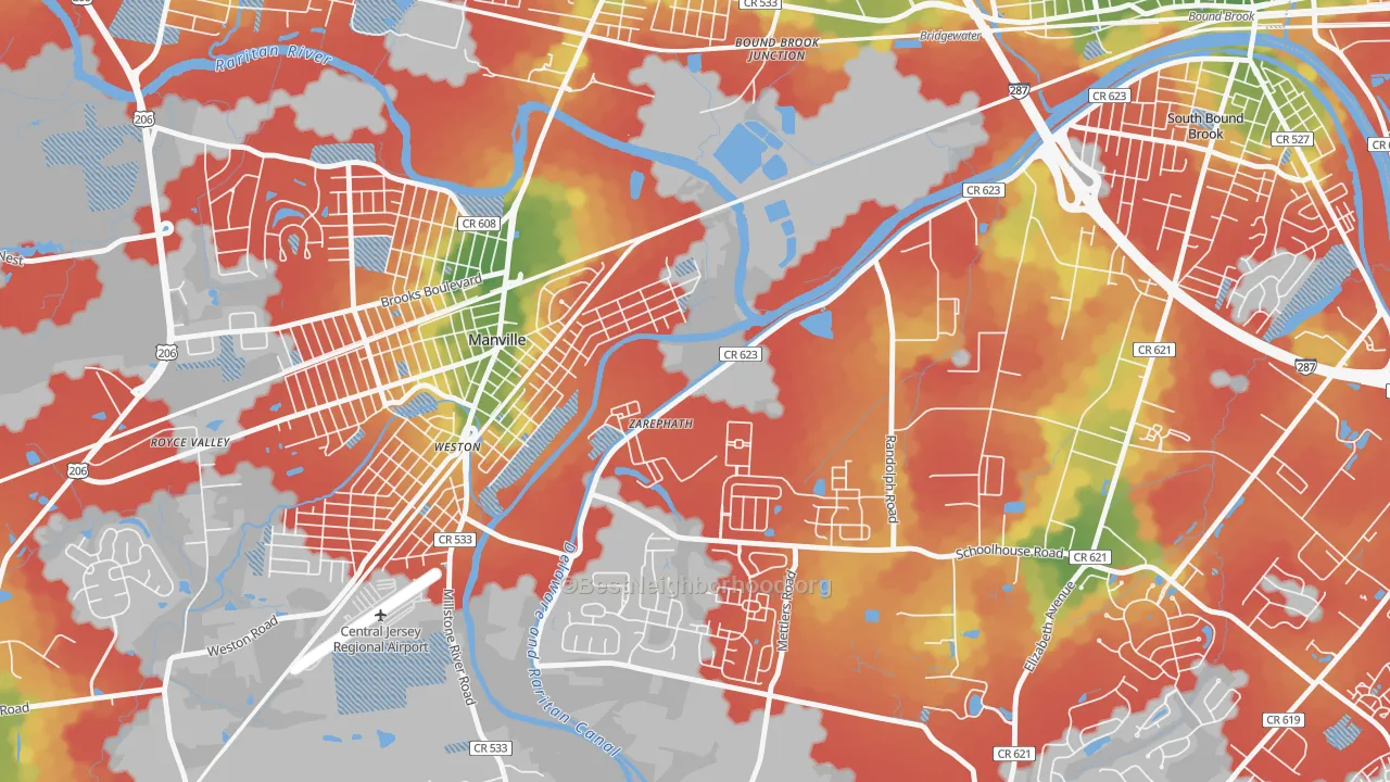 Walk Grade map of Zarephath, NJ, walkable areas in green and car-dependent areas in red