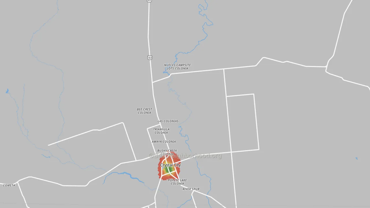 Walk Grade map of Zavala County, TX, walkable areas in green and car-dependent areas in red