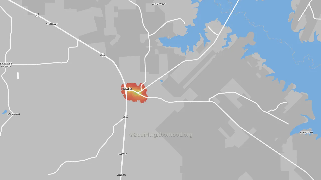 Walk Grade map of Zavalla, TX, walkable areas in green and car-dependent areas in red