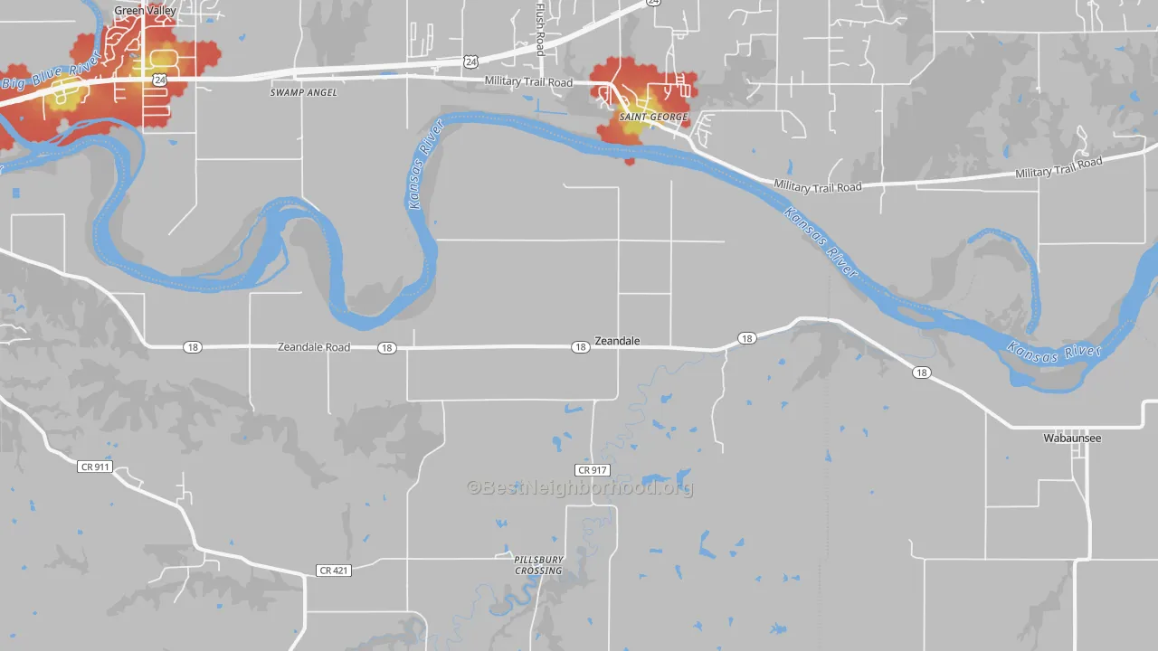 Walk Grade map of Zeandale, KS, walkable areas in green and car-dependent areas in red