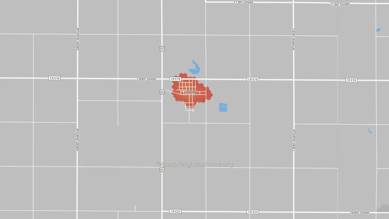 Walk Grade map of Zearing, IA, walkable areas in green and car-dependent areas in red
