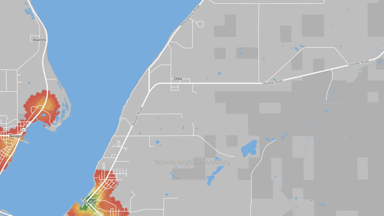 Walk Grade map of Zeba, MI, walkable areas in green and car-dependent areas in red