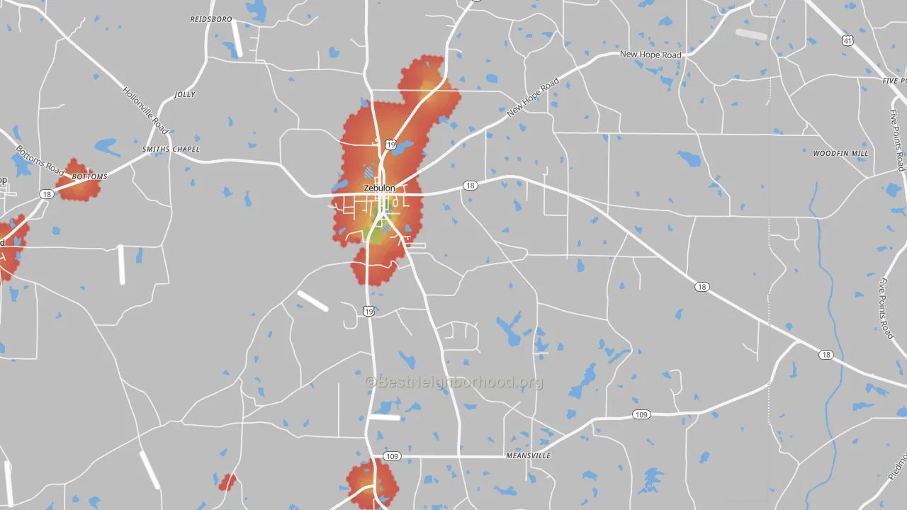 Walk Grade map of Zebulon, GA, walkable areas in green and car-dependent areas in red