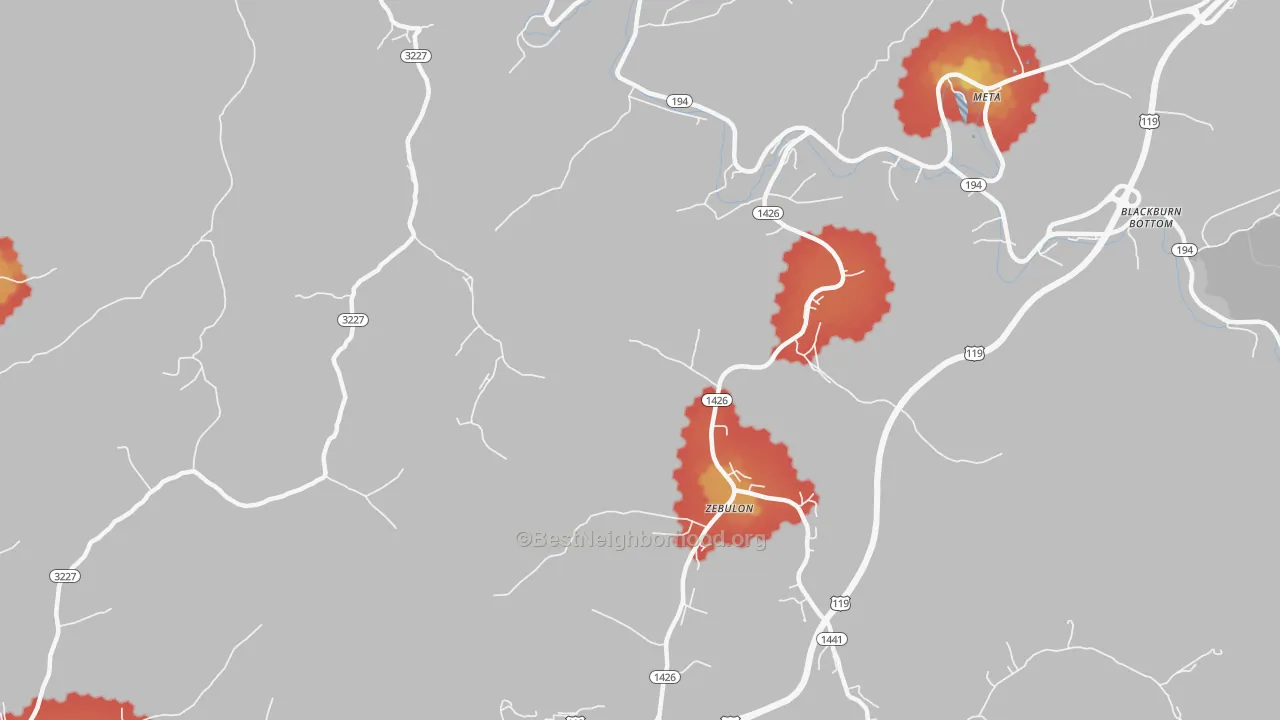 Walk Grade map of Zebulon, KY, walkable areas in green and car-dependent areas in red