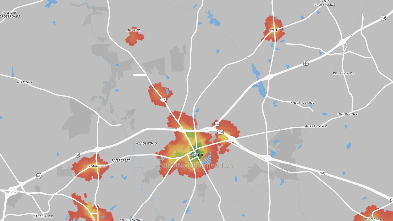 Walk Grade map of Zebulon, NC, walkable areas in green and car-dependent areas in red