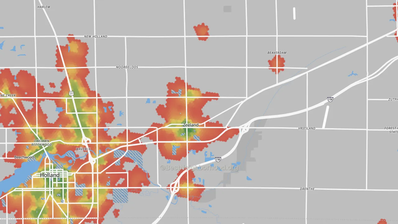 Walk Grade map of Zeeland, MI, walkable areas in green and car-dependent areas in red