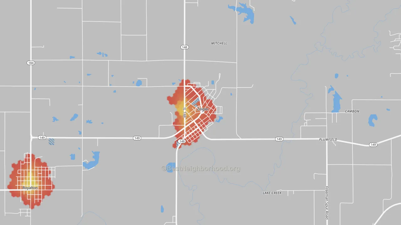 Walk Grade map of Zeigler, IL, walkable areas in green and car-dependent areas in red