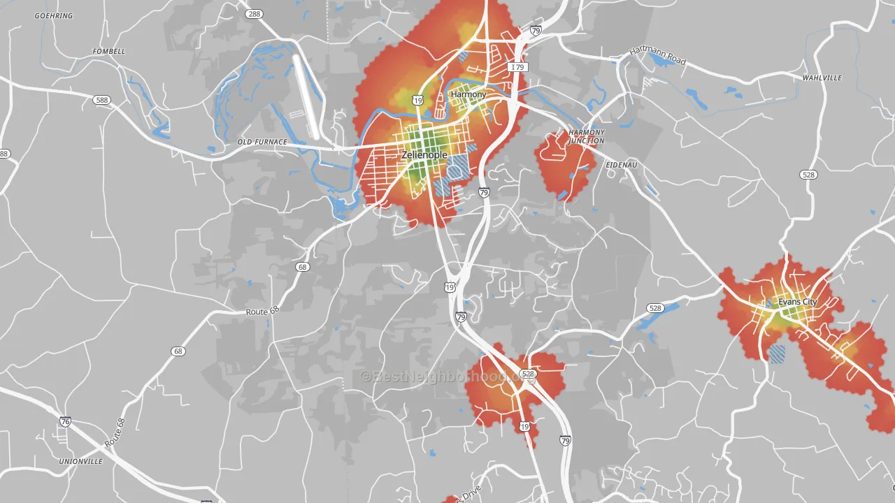 Walk Grade map of Zelienople, PA, walkable areas in green and car-dependent areas in red