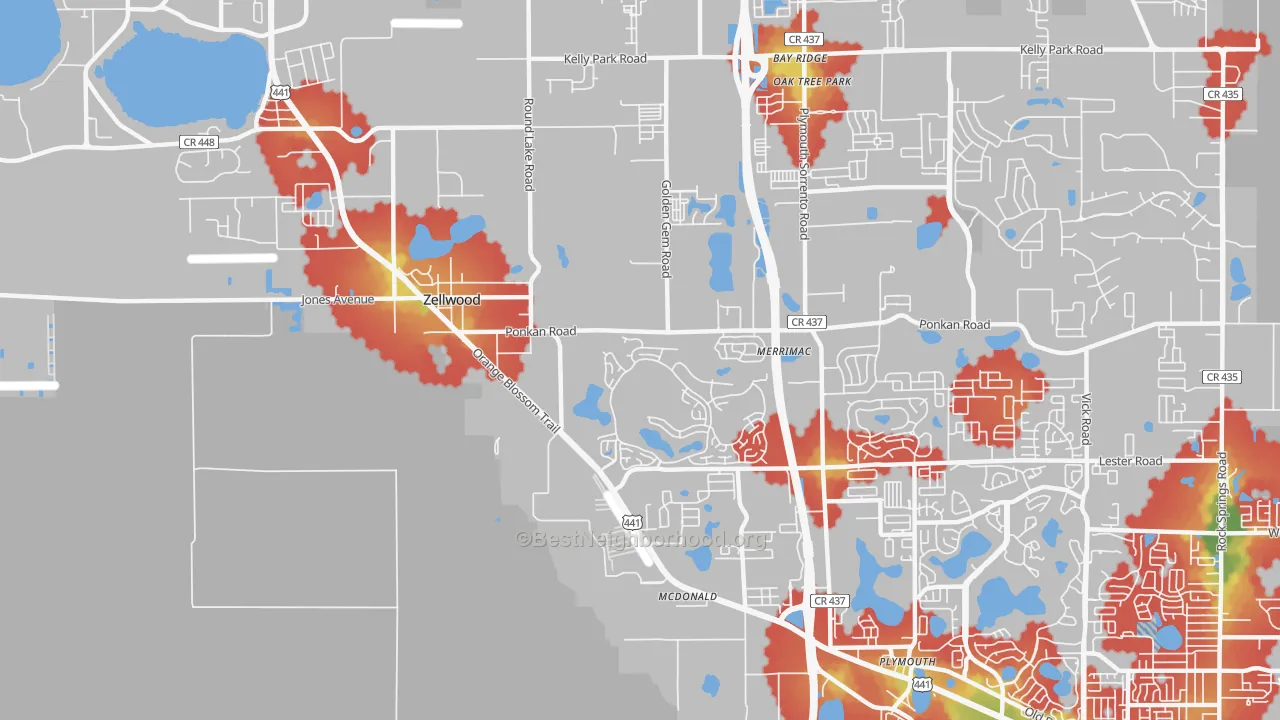 Walk Grade map of Zellwood, FL, walkable areas in green and car-dependent areas in red