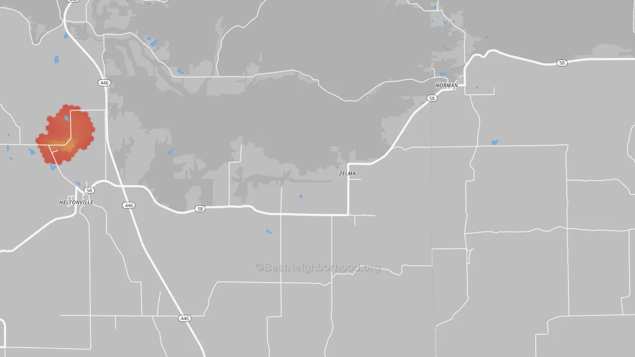 Walk Grade map of Zelma, IN, walkable areas in green and car-dependent areas in red