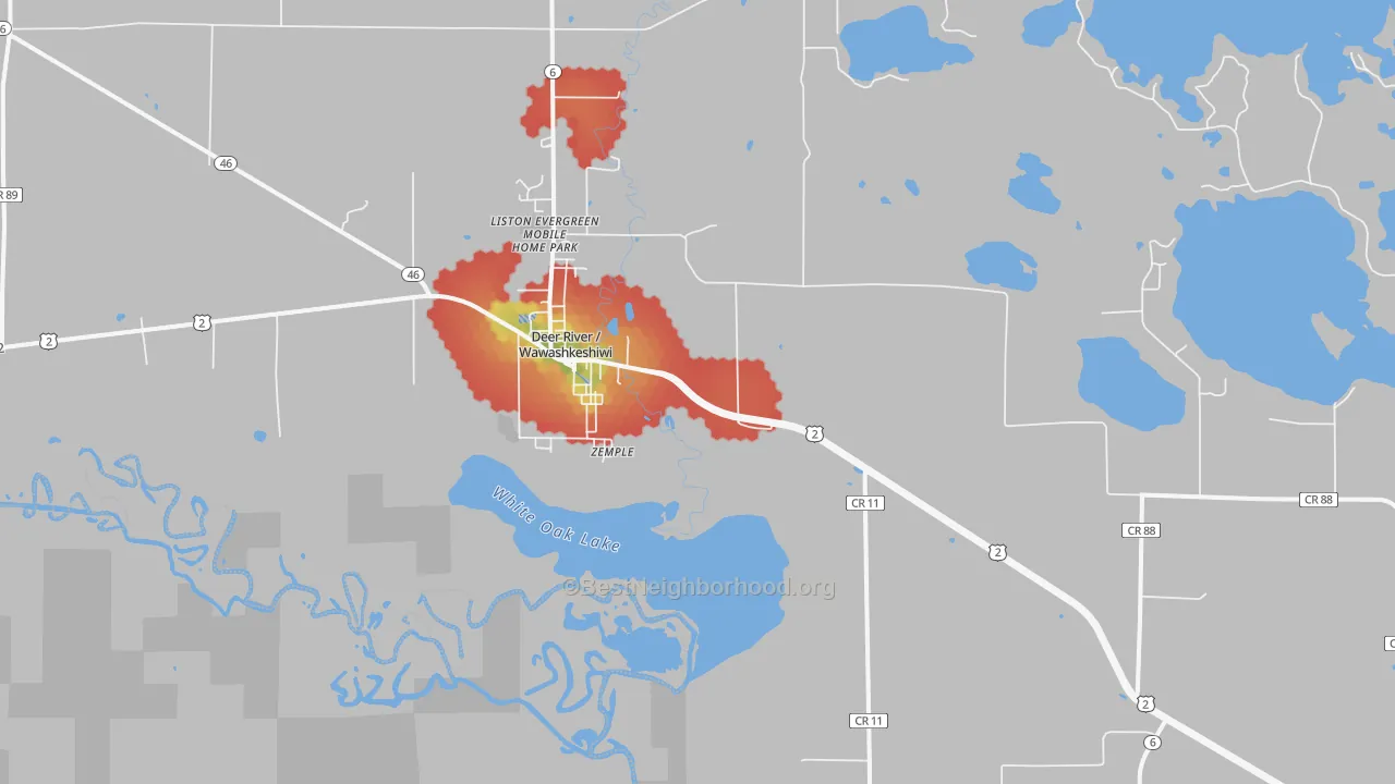 Walk Grade map of Zemple, MN, walkable areas in green and car-dependent areas in red