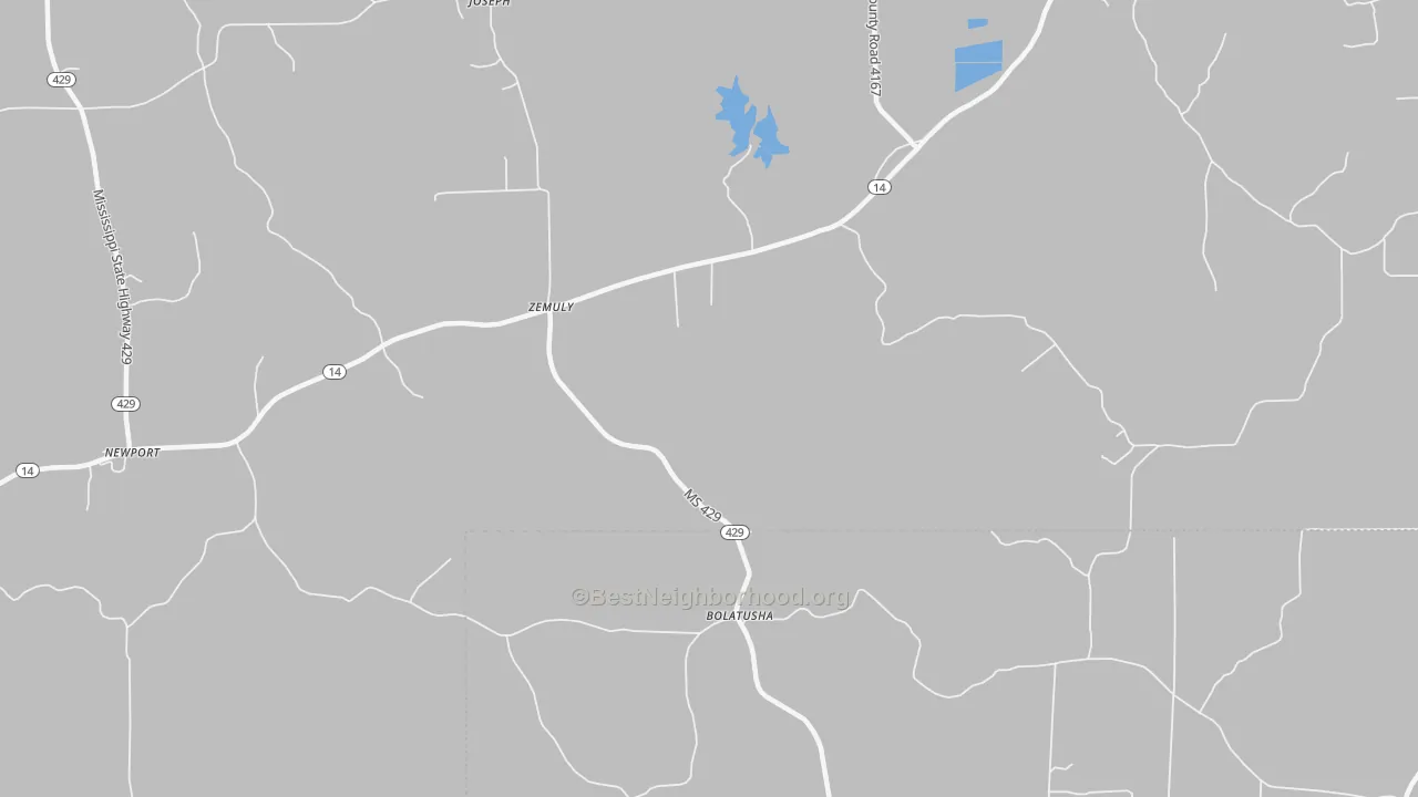 Walk Grade map of Zemuly, MS, walkable areas in green and car-dependent areas in red
