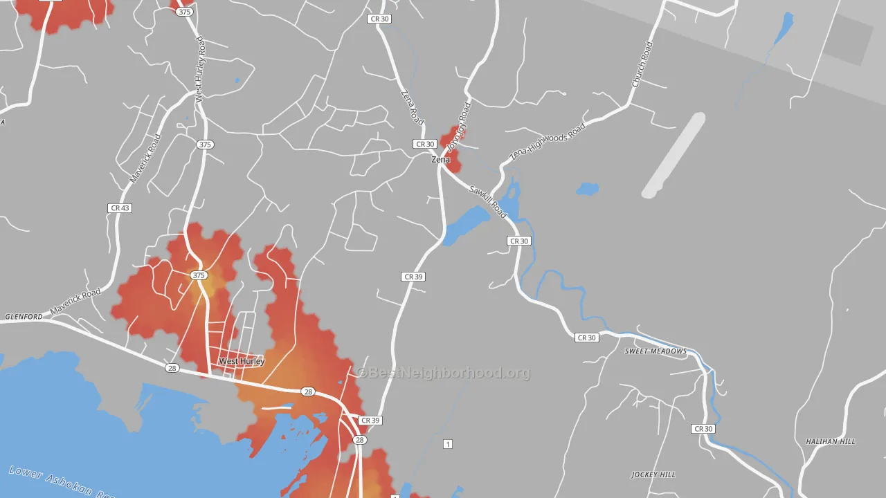 Walk Grade map of Zena, NY, walkable areas in green and car-dependent areas in red