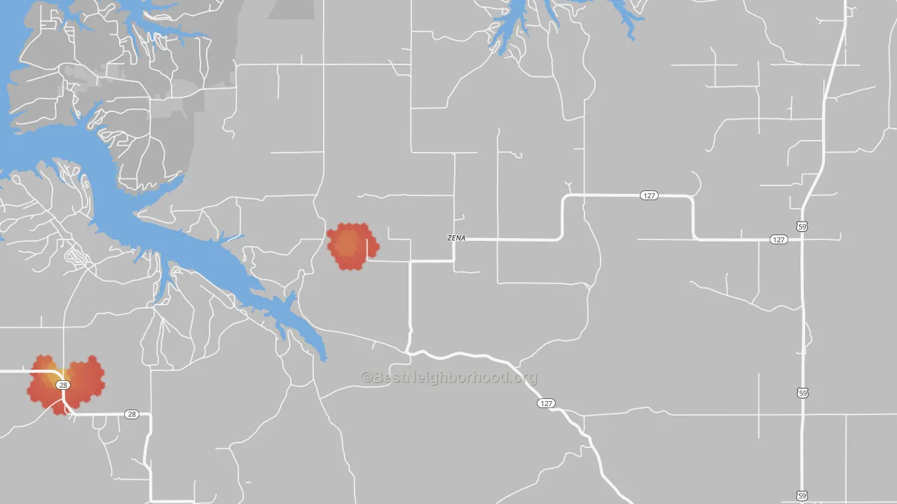 Walk Grade map of Zena, OK, walkable areas in green and car-dependent areas in red