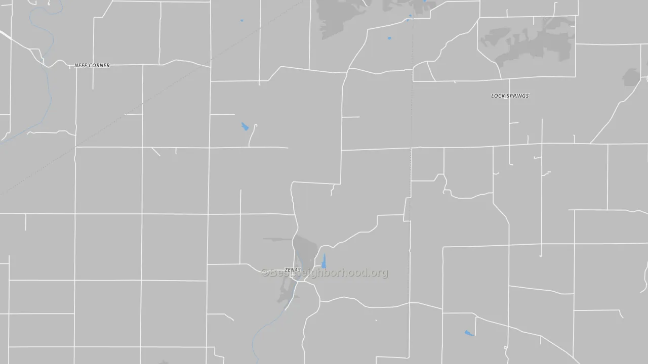 Walk Grade map of Zenas, IN, walkable areas in green and car-dependent areas in red