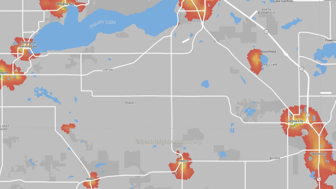 Walk Grade map of Zenda, WI, walkable areas in green and car-dependent areas in red