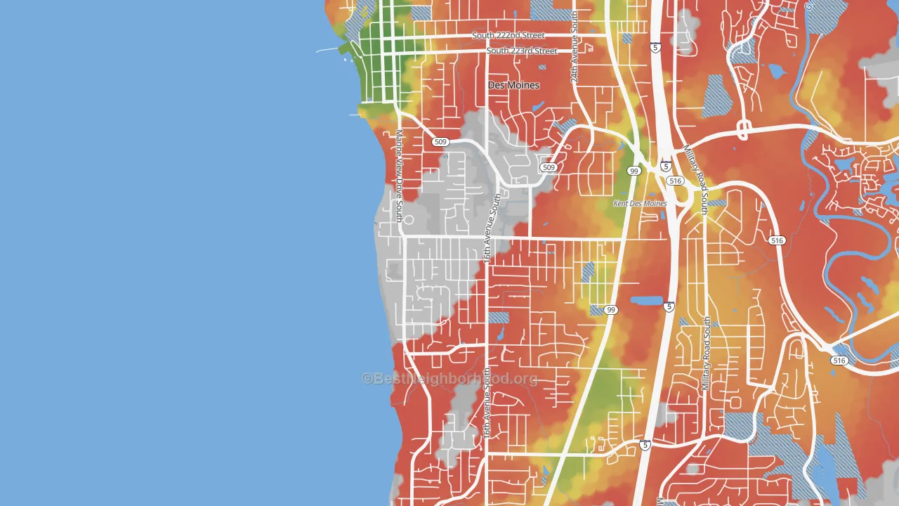 Walk Grade map of Zenith, Des Moines, WA, walkable areas in green and car-dependent areas in red