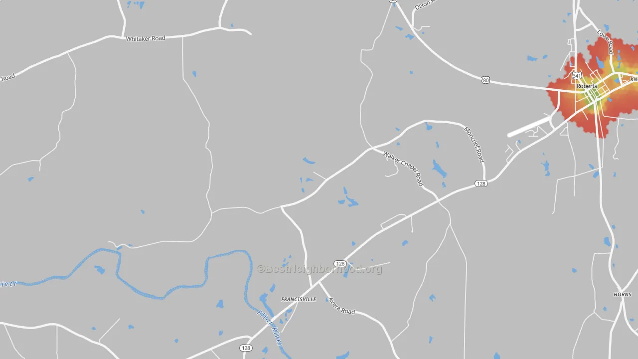 Walk Grade map of Zenith, GA, walkable areas in green and car-dependent areas in red