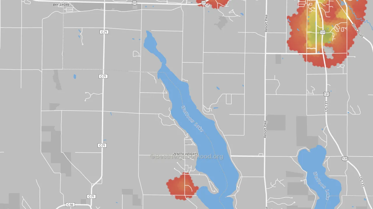 Walk Grade map of Zenith Heights, MI, walkable areas in green and car-dependent areas in red
