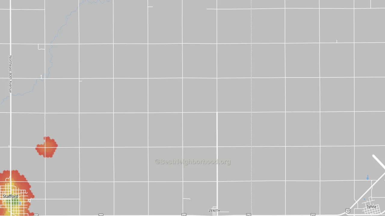 Walk Grade map of Zenith, KS, walkable areas in green and car-dependent areas in red