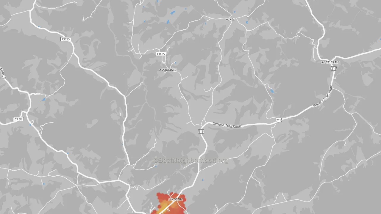 Walk Grade map of Zenith, WV, walkable areas in green and car-dependent areas in red