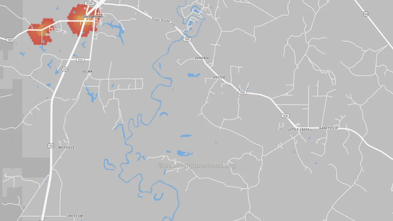 Walk Grade map of Zenoria, LA, walkable areas in green and car-dependent areas in red