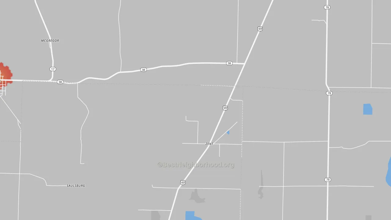 Walk Grade map of Zent, AR, walkable areas in green and car-dependent areas in red