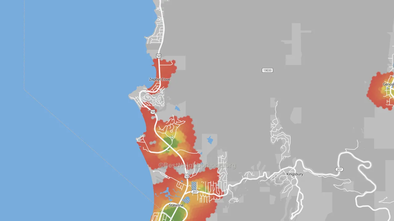 Walk Grade map of Zephyr Cove, NV, walkable areas in green and car-dependent areas in red