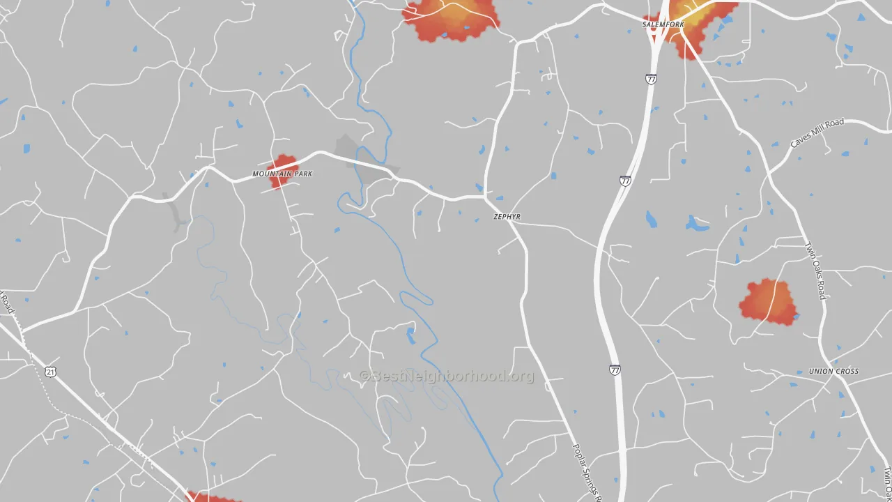 Walk Grade map of Zephyr, NC, walkable areas in green and car-dependent areas in red